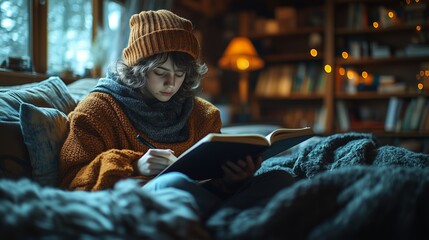 Obraz premium A person sits comfortably on a cozy couch in a warmly lit room, writing in a book while surrounded by bookshelves and soft blankets