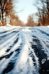 Obraz premium vertical snow-covered rural road with tire tracks, flanked by bare trees on a clear winter day, beauty of winter landscapes