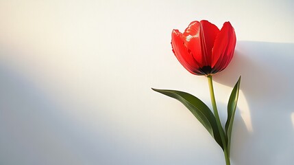 Isolated vibrant red tulip against a clean white backdrop, soft shadows, minimalism, suitable for modern graphic design, flat lay perspective, neutral lighting.