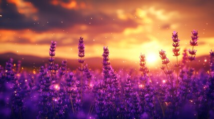 A field of lavender under a golden sunset, with glowing holographic accents on the lavender, in a futuristic digital art style, neon purples and golds, sharp, high-definition details.