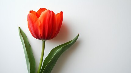 Isolated vibrant red tulip against a clean white backdrop, soft shadows, minimalism, suitable for modern graphic design, flat lay perspective, neutral lighting.