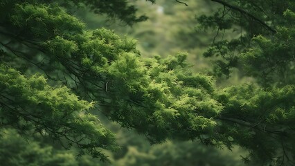 Fototapeta premium Full frame of green foliage on branches with blurred background