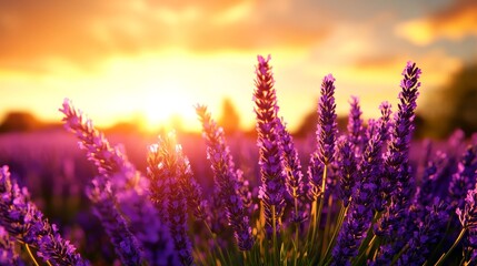 Fototapeta premium Lavender field bathed in golden sunlight, vibrant purple hues contrasting with the clear sky, depicted in hyper-realistic 3D rendering, every flower detailed, evoking calm and peace.