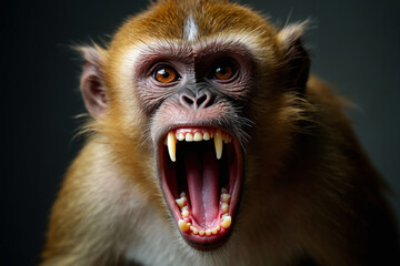 Obraz premium A wild monkey feeling threaten, bares teeth and sharp fangs, looking ferocious and fierce. Concept of infected animals as disease carrier, host to virus like Monkeypox poxvirus, threatening humans.