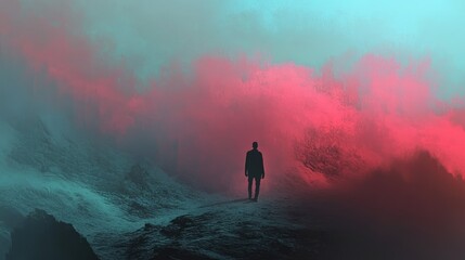 Obraz premium Silhouette of a Man Standing Against a Red and Blue Foggy Background