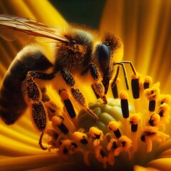 Close-Up of a Bee Pollinating a Yellow Flower