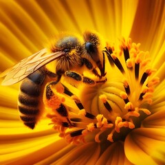 Close-Up of a Bee Pollinating a Yellow Flower