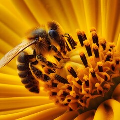 Close-Up of a Bee Pollinating a Yellow Flower