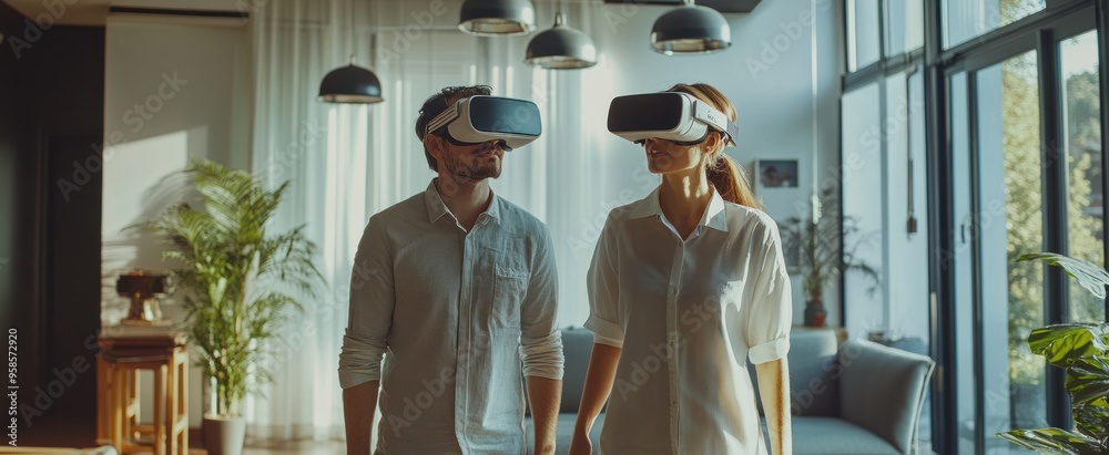 Poster couple wearing virtual reality headsets in a modern home