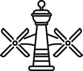 Line drawing of a wind power plant generating electricity using the rotation of three windmill blades