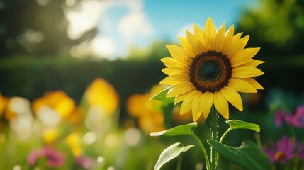 Naklejka premium A sunflower towering under the midday sun, sharp shadows, clear blue sky, bright yellow petals, photorealistic, high resolution.