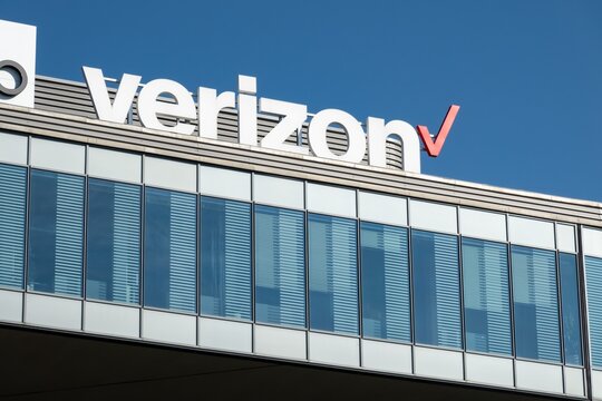 Banner of Verizon mobile carrier on modern building