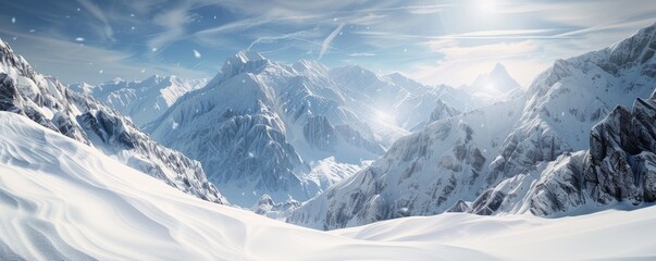 Snow-covered mountain range with a bright sky, 4K hyperrealistic photo,