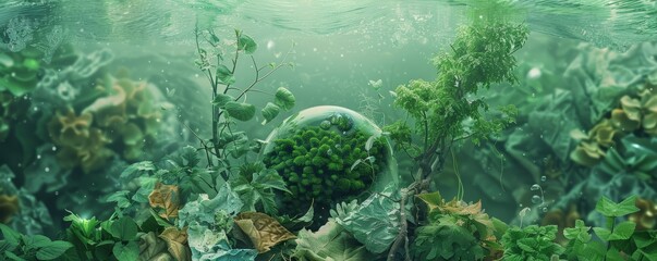 Eco-friendly collage with recycled materials, green themes, and nature conservation, 4K hyperrealistic photo