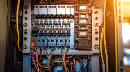 Electrical Panel with Circuit Breakers and Wires