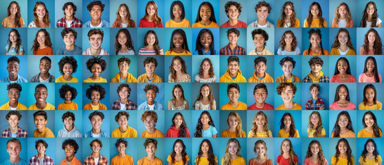 People - High school teenage school portraits - a grid of 84 unique square headshots of a variety of diverse, smiling, friendly teenagers against a classic blue school portrait background - 88MP XXXL