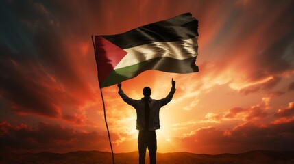 Happy man holding Palestine flag in the sunset sky freedom and patriotism concept
