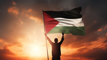 Happy man holding Palestine flag in the sunset sky freedom and patriotism concept
