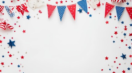 Obraz premium Patriotic decorations with flags and stars on a white background create a festive atmosphere, perfect for celebrating American holidays. 