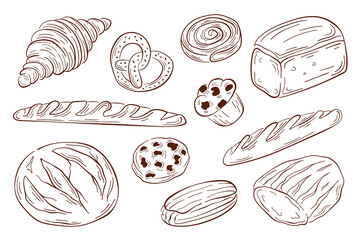 Bakery food collection in line art style. Bread, pastry, croissant, baguette, pretzel, loaf, muffin, cookie. Design for food branding, packaging, or menu designs. Vector illustration isolated.