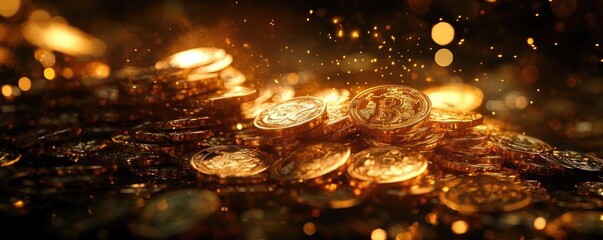 Glistening gold coins scattered on a surface, reflecting light and illuminating the scene with a rich, luxurious ambiance.