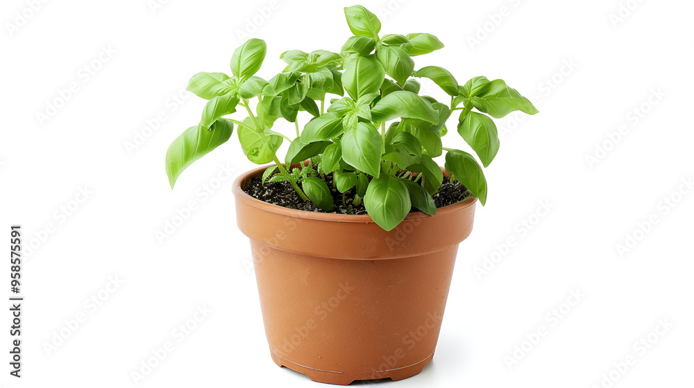 Sticker Fresh Green Basil in Pot on White Background ,Fresh basil in pot on white background ,Bush basil grows in a pot on a white background