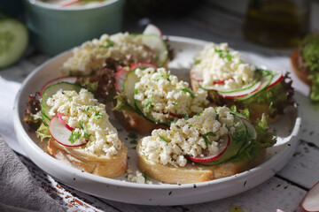 A plate with sandwiches with cottage cheese, radish and cucumber in rustic style