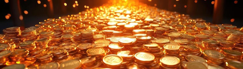 A stunning display of shimmering coins, creating a dazzling path of wealth and prosperity in a captivating golden glow.