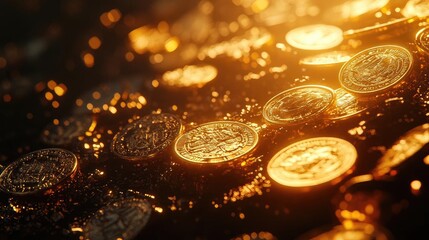 A close-up view of shiny coins reflecting warm sunlight, creating a captivating and luxurious atmosphere.