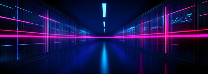 Data center background. Vector realistic illustration of abstract computer network, information storage equipment, crypto blockchain technology, ai system, neon blue and pink light on black background