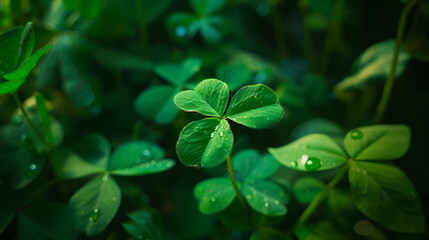 Green clover background, copy space, magic lights, sun shining, sun rays ,Green clover leaves background