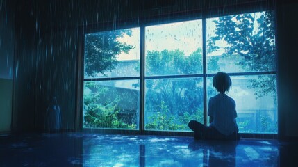 Fototapeta premium A character sits peacefully on the floor, gazing out at the rain-soaked landscape, embodying a serene moment of reflection