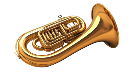 A shiny gold brass tuba, isolated on a black background, awaits a musician to fill it with sound