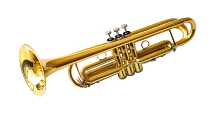Obraz premium A majestic gold trumpet lays on a black background, its brass gleaming under a spotlight, ready to fill the air with its powerful voice. 
