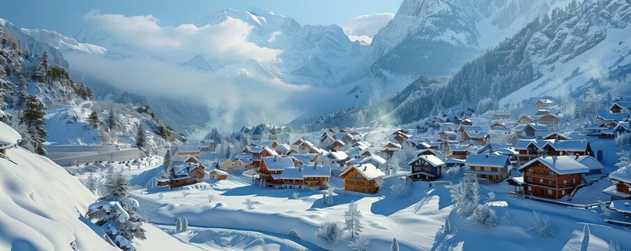 Snow-covered village nestled in a valley, 4K hyperrealistic photo