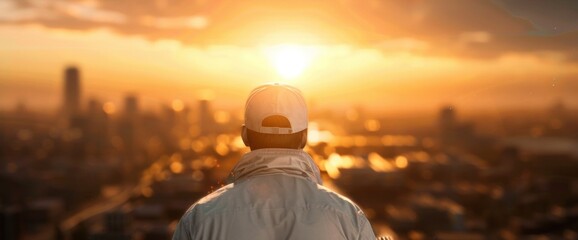 Obraz premium A man is standing in front of a city skyline with a hat on