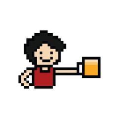 Obraz premium Cute pixel cartoon 8bit character man drink beer alcohol party lifestyle decoration life style 8 bit male boy drinking beer isolated PNG vector.