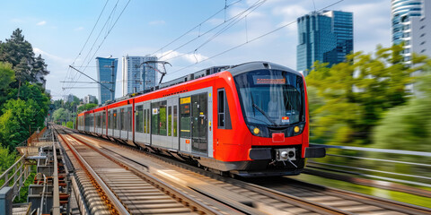 Naklejka premium Modern train traveling on elevated tracks with city skyline in the background on a sunny day