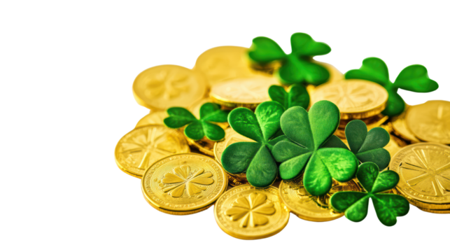 A pile of gold coins with shamrock decorations evokes feelings of luck and prosperity, especially for St. Patrick's Day. 