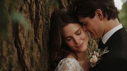 Beautiful newlyweds cuddle in a green garden with trees. Young bride and cute bride are standing in the park