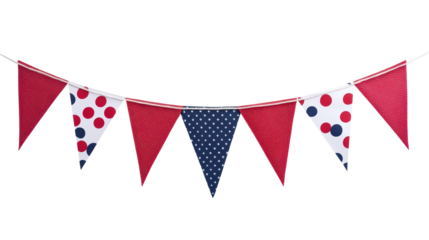 Red, white and blue party flags strung on a line convey a festive spirit, perfect for celebrations. 