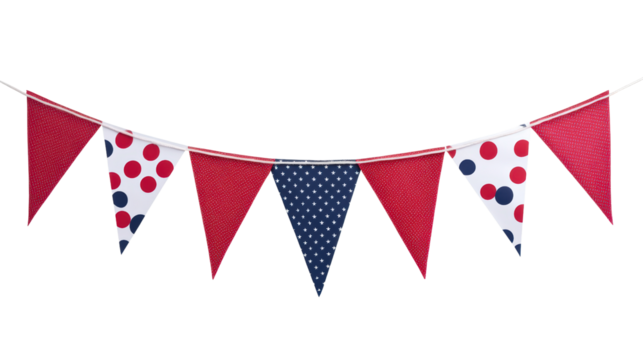 Red, white and blue party flags strung on a line convey a festive spirit, perfect for celebrations. 
