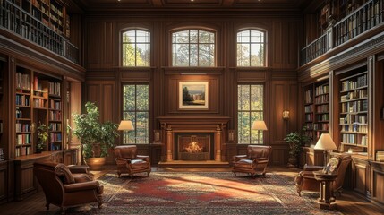 Luxurious Library Interior With Fireplace  Bookcases  and Armchairs