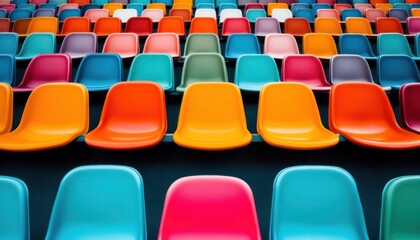 Naklejka premium Empty stadium with colorful seats in a perfect gradient, geometric patterns, symmetry, focus on design and structure, no blur, photo not dark, everything is clear, copy space