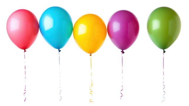 Six colorful balloons isolated on a black background, full of joy and festivity. This vibrant arrangement evokes a sense of celebration and happiness. 