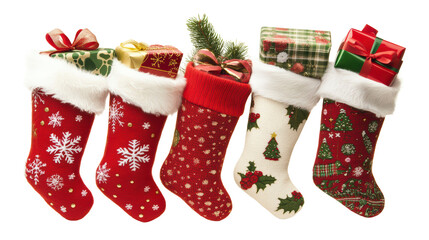 Five Christmas stockings with gifts stuffed in them hang in a row. The stockings are red, white, and green with Christmas patterns like snowflakes, trees, and holly.  