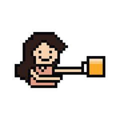 Fototapeta premium Cute pixel cartoon 8bit character woman drink beer alcohol party hangout lifestyle decoration life style 8 bit female girl drinking beer isolated png vector.