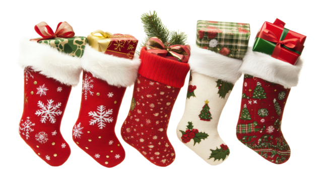 Five Christmas stockings with gifts stuffed in them hang in a row. The stockings are red, white, and green with Christmas patterns like snowflakes, trees, and holly.  