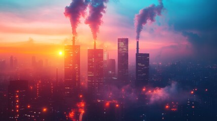 Cityscape with Smoke Stacks and Sunset Sky