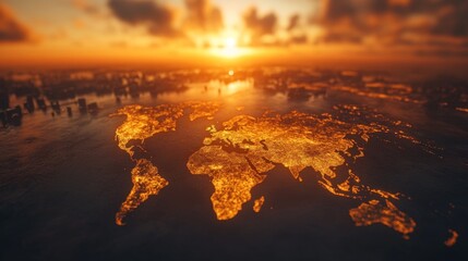 Illuminated World Map at Sunset with Golden Lights
